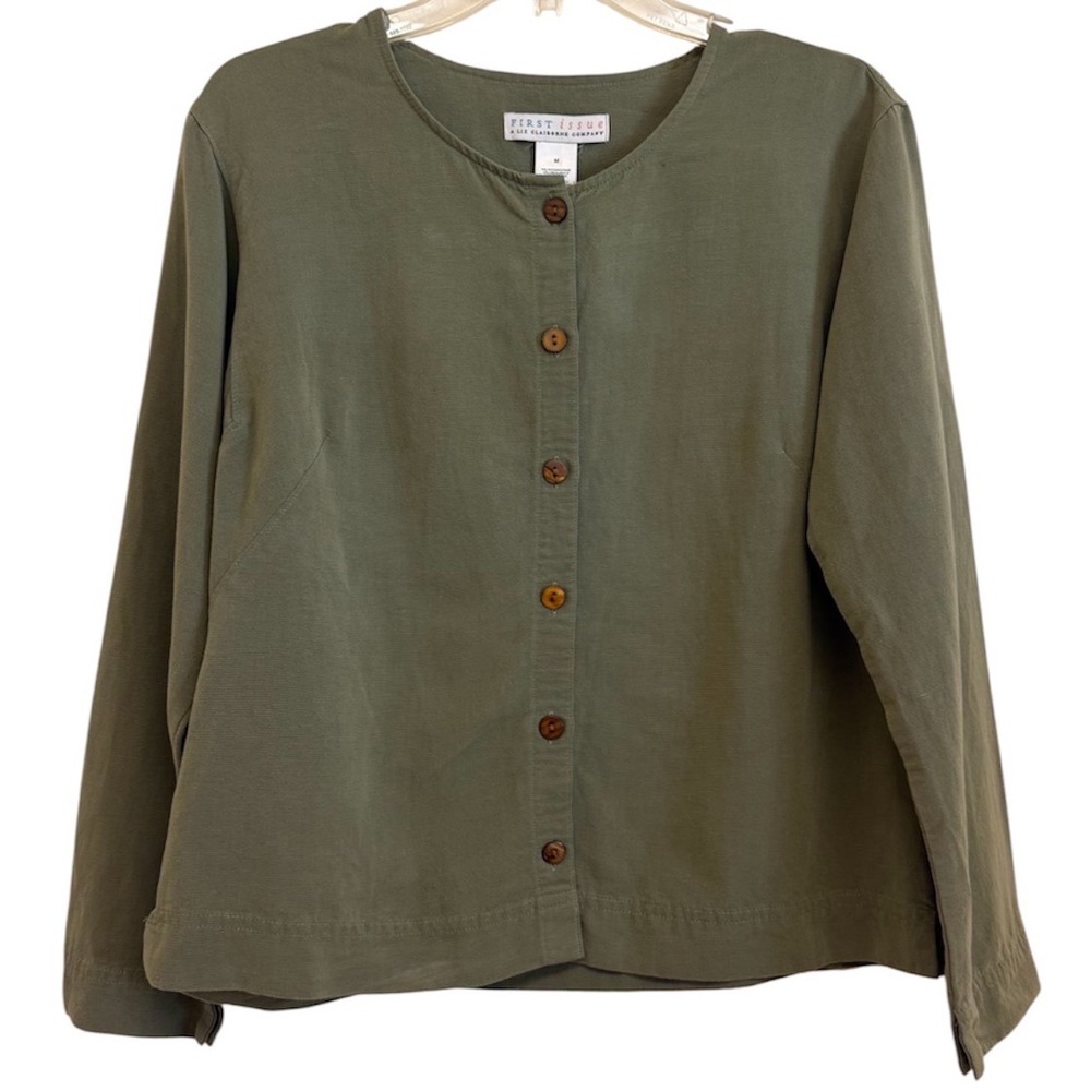 First Issue Liz Claiborne Olive Green Linen Blend Button Front Top Blouse M